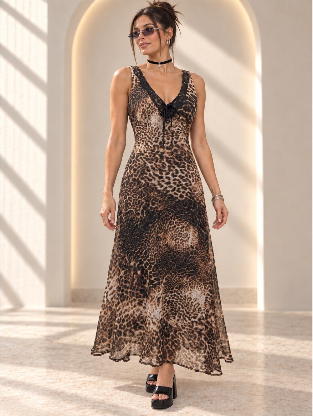 Haute Monde Maxi Dress Leopard Print V-Neck Lace Trim Tie Back Size S Brown